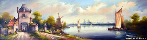 Голландский пейзаж с мельницей и башней