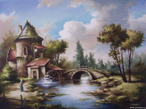 Водяная мельница у реки с мостом