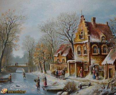 Городок у замёрзшей реки с фигурами жителей