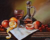 Натюрморт с персиком, вишнями, лимоном и алкоголем