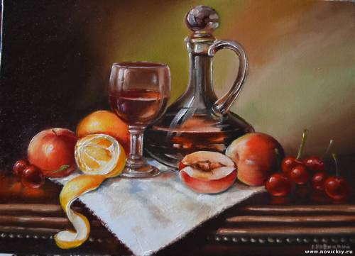 Натюрморт с персиком, вишнями, лимоном и алкоголем
