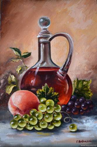 Натюрморт с виноградом, персик и вино