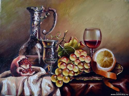 Натюрморт с лимоном и виноградом на столе