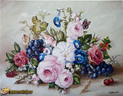 Натюрморт с цветами и бабочками